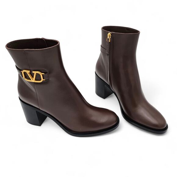Valentino Garavani Vlogo Ankle Boot Block Heel Brown Leather Gold Size 39 US 9 - Picture 3 of 12